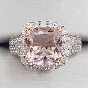 18k Rose Gold - 925 Sterling Silver Pink Morganite & Diamond Simulants Halo Ring